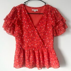 MADEWELL Floral Red Ruffle Sleeve Top